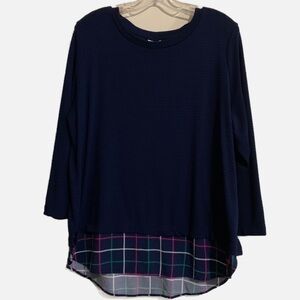 Kim Rogers Soft Stretchy Ribbed Plaid Print layered Blue Blouse Tunic. XL